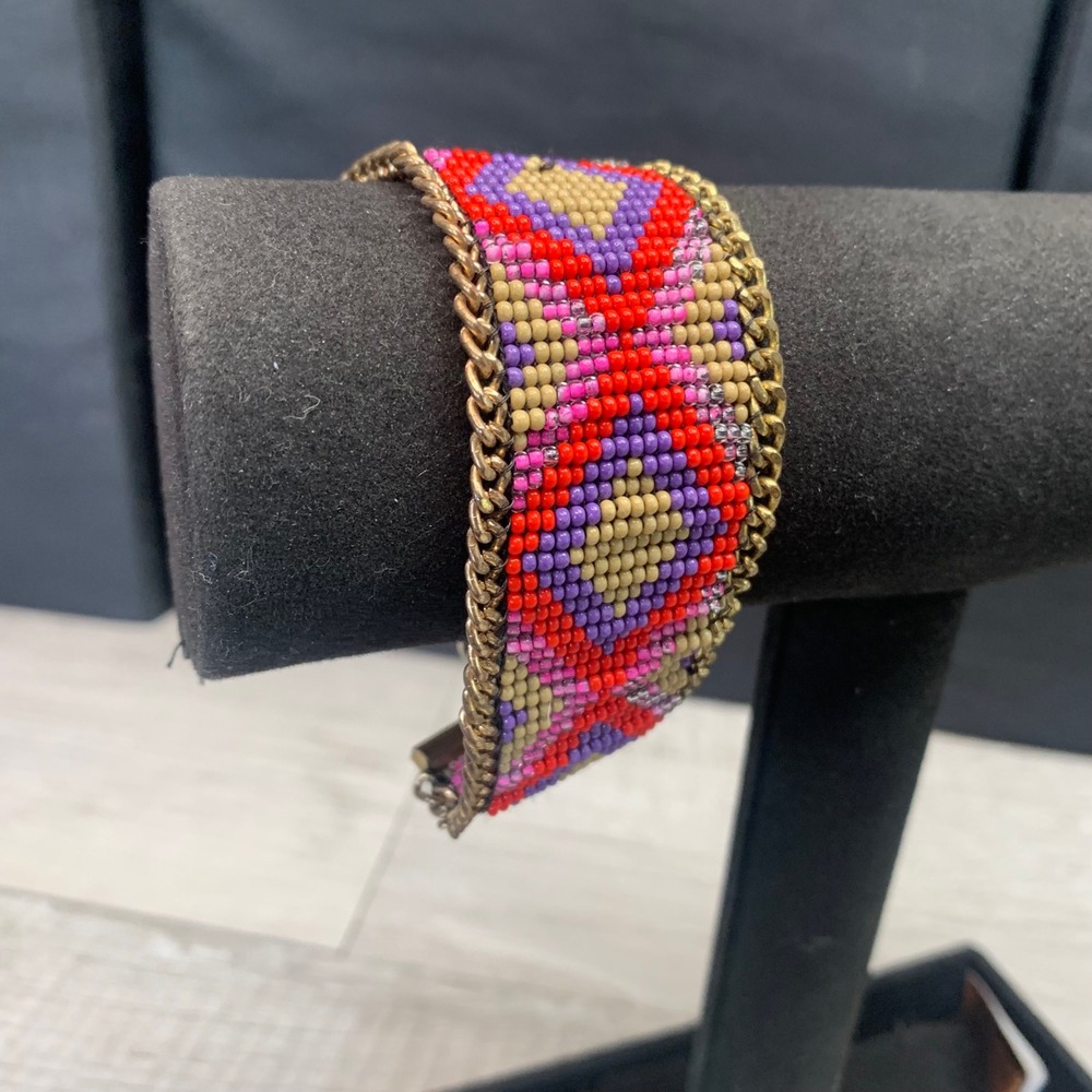 Boho Beaded Geometric Cuff Bracelet Red Purple Gold Tone Chain 7-8 Inch